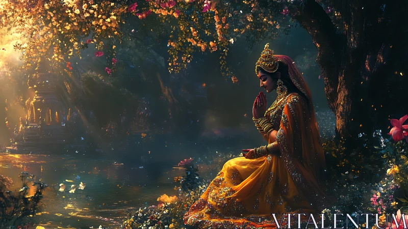 Golden river prayer under a blooming twilight canopy.