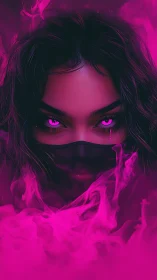 Neon masked femme with magenta smoke and glowing cyber eyes.