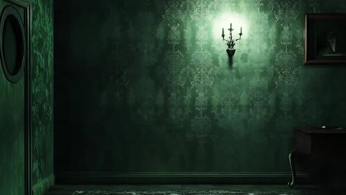 Emerald hallway hush with lone sconce and secretive shadows.