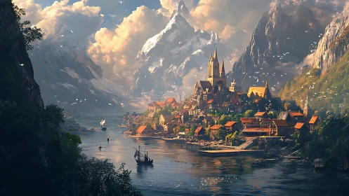 Alpine Valley Settlement: Digital Rendering with Atmospheric Perspective and Medieval Architecture