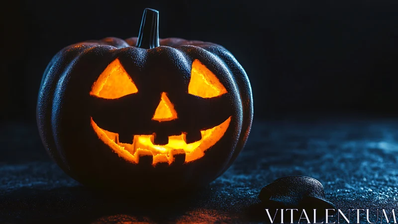 Grinning midnight jack o’ lantern guards the frosty dark.