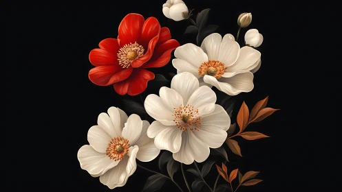 Botanical composition with crimson bloom and ivory petals.