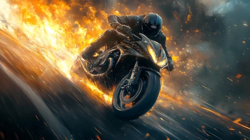 Motorcycle rider carves blazing line through erupting firestorm