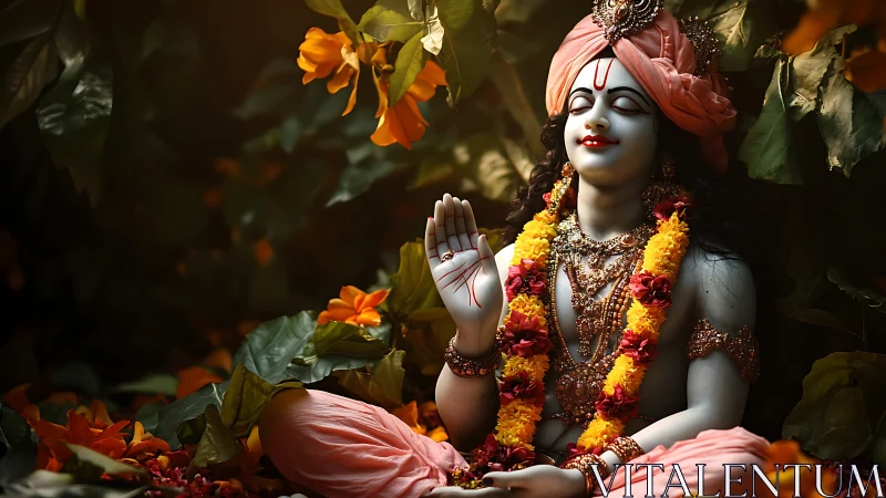 Serene garlanded deity statue seated amid lush foliage.