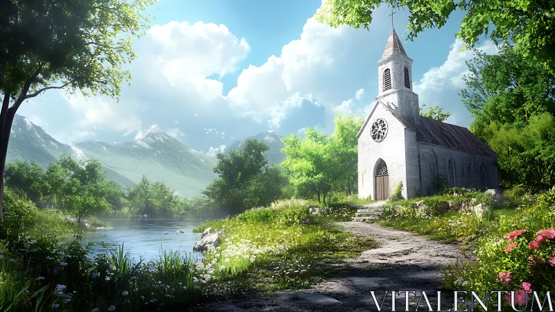 Rural riverside chapel under bright sky in lush valley.