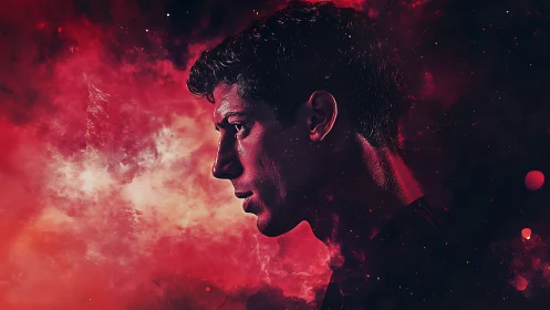 Profile in cosmic crimson: a quiet, thoughtful stargazer.