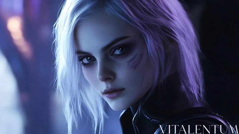 Cyberpunk portrait of scarred woman in neon rim light.