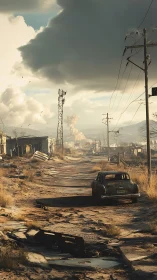 Abandoned desert road unfolds under storm-heavy skies of ruin