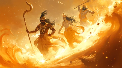 Dynamic mythic warriors in swirling golden fire vortex digital painting.