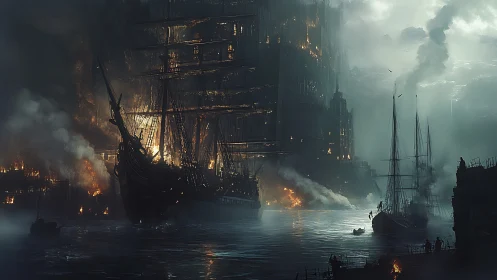 Gothic Harbor Inferno: Steampunk Naval Architecture Engulfed in Atmospheric Combustion