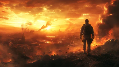 Lone soldier observing burning post-apocalyptic cityscape.