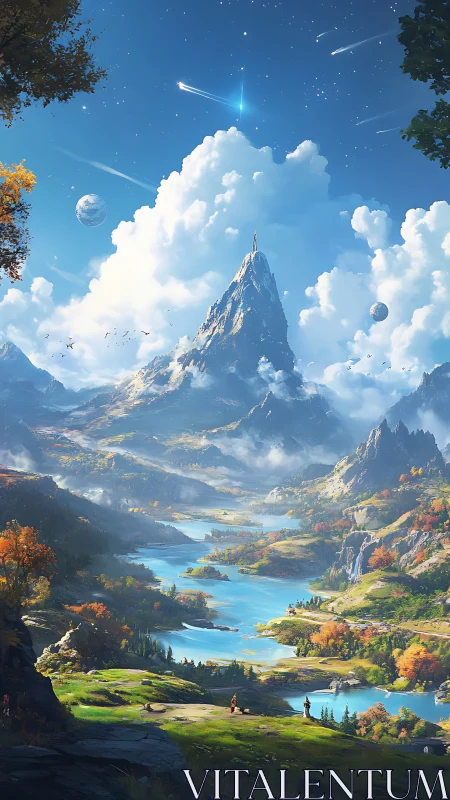 Starlit mountain valley where quiet rivers meet the sky.