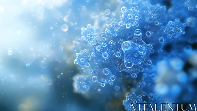 Microscopic blue viral structures rendered in luminous 3D space