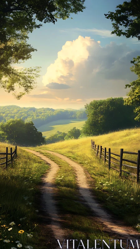 Country dirt road winding through sunlit green fields.