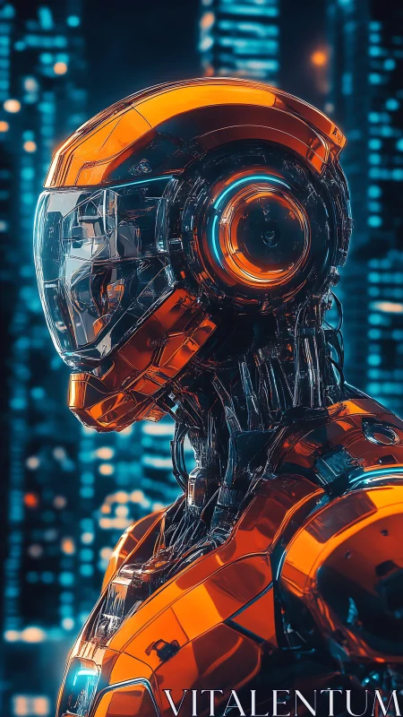 Profile view of luminous orange cybernetic android in neon city