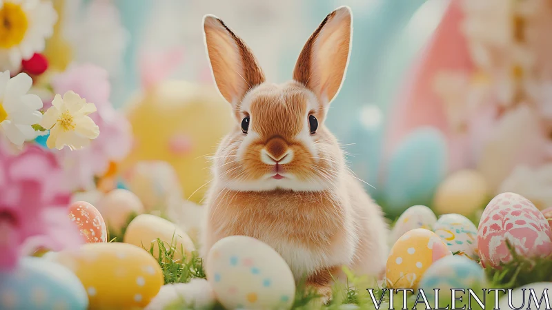 Photorealistic Easter rabbit amid pastel decorated eggscape.