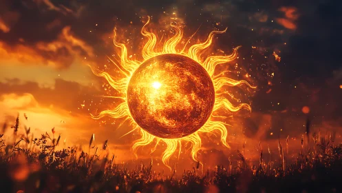 Glowing sun spirit drifting over a dusky wildflower field.