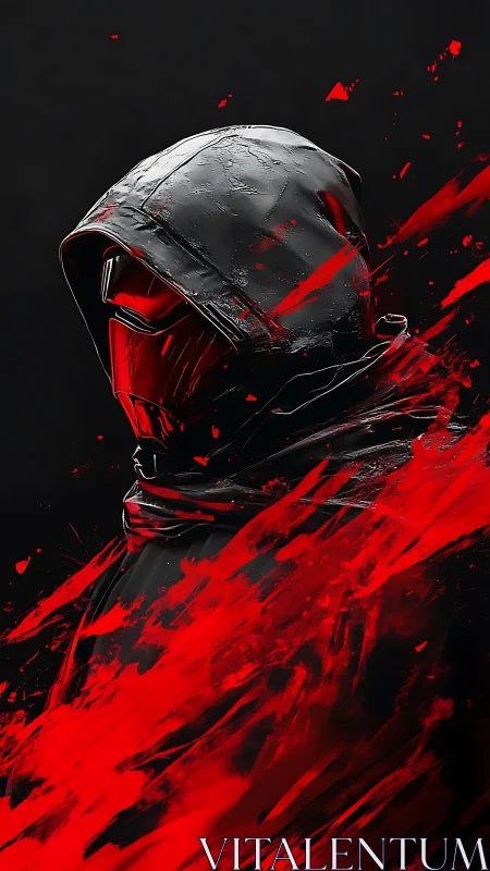 Hooded cyber warrior wrapped in wild red motion storm.