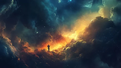 Lone dreamer bathed in cosmic light above glowing clouds.