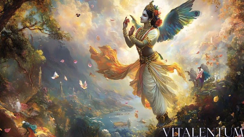 Winged divine figure over luminous river landscape.