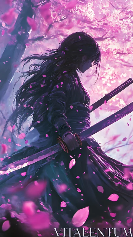 Samurai silhouette under cherry blossoms with dual swords.