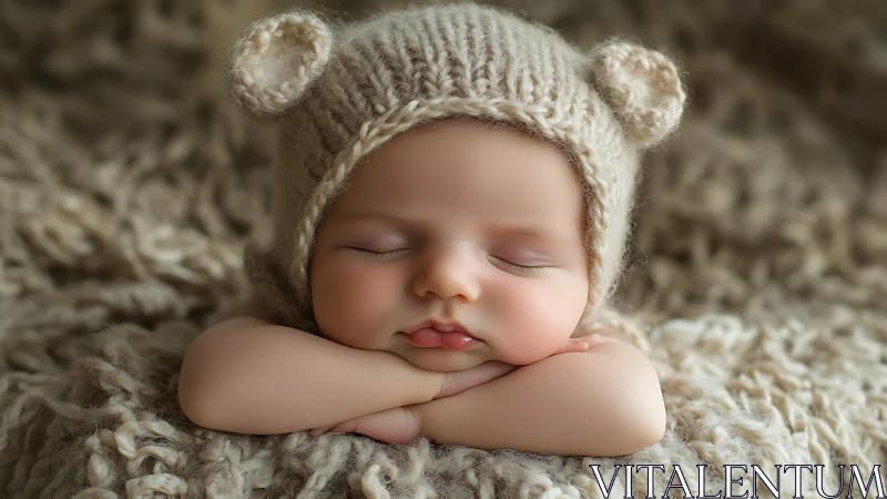 Sleeping Newborn in Cream Knit Bear Hat on Textured Fabric.
