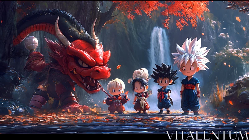 Chibi warriors and dragon stand before waterfall in forest