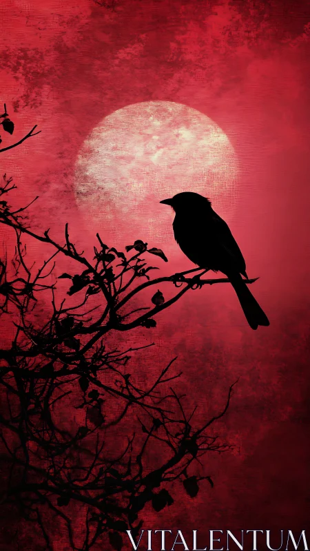 Silhouetted bird on gnarled branch before textured red moon.