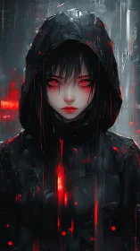 Cyberpunk hooded assassin portrait with glitch-core lighting.