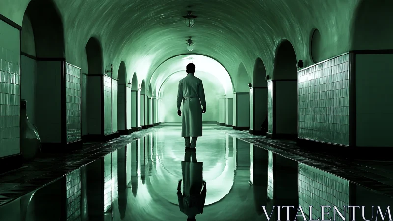 Solitary figure in green-lit vaulted corridor reflection.