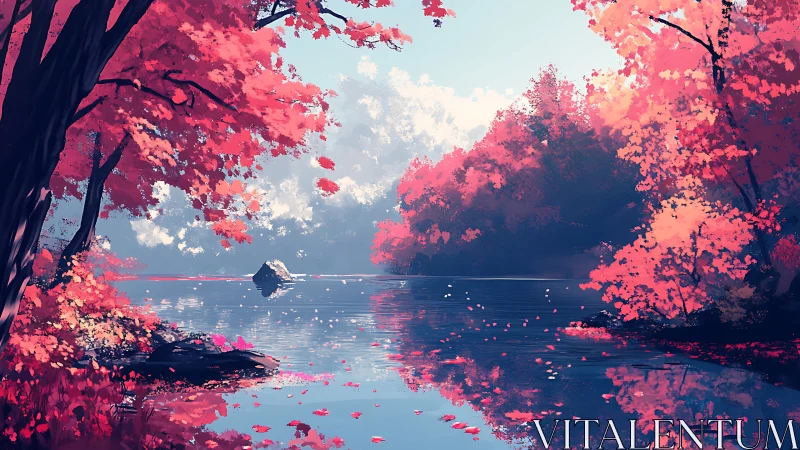 Lake bordered by dense red foliage under clear daylight.