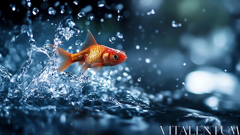 Vibrant goldfish leaps through shimmering midnight water