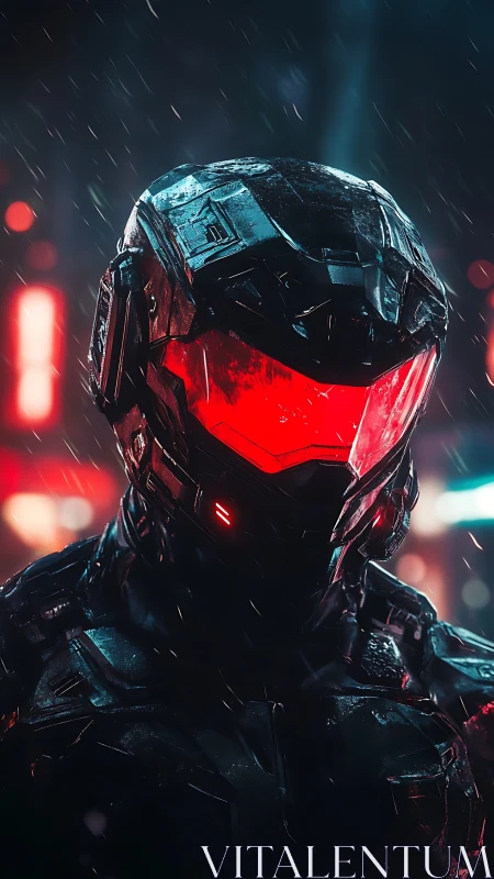 Neon city rain reflects on a lone cybernetic guardian.