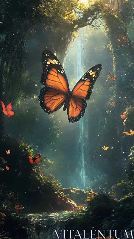 Monarch butterfly glows over mystical jungle waterfall.
