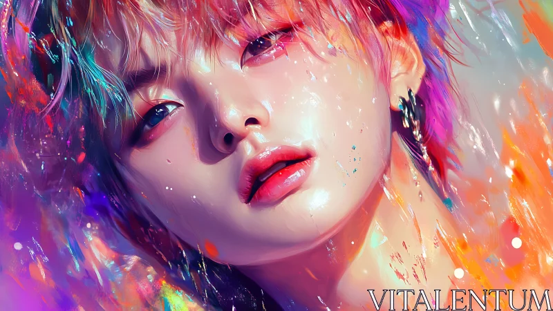 Iridescent portrait with neon splashes and glossy skin finish.