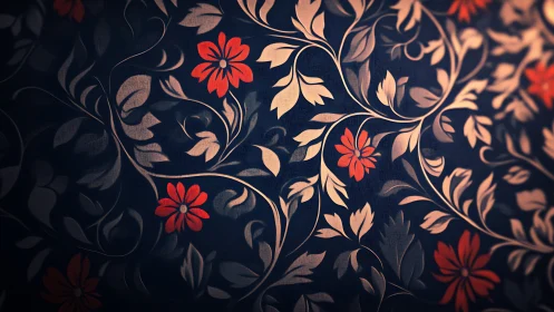 Ornamental Florals with Vivid Red Blooms Against Navy Ground