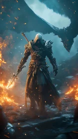Hooded armored warrior with dragon in fiery battlefield scene.