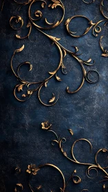 Gold ornamental vines curve across textured dark blue background