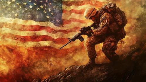 Digitally painted US soldier kneeling before weathered flag