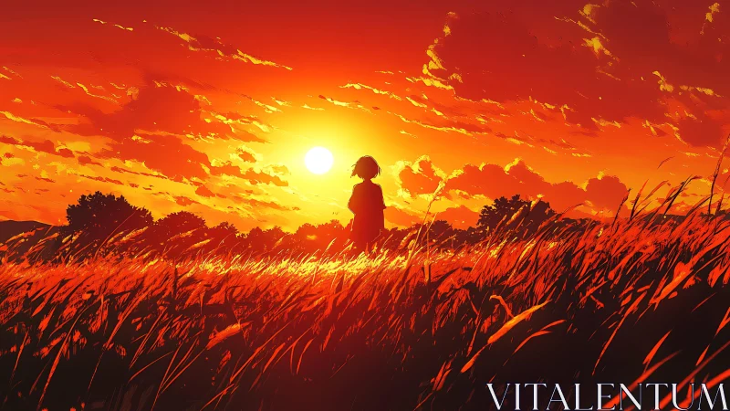 Backlit silhouette in chromatic sunset grassland fieldscape.