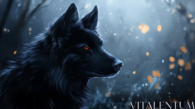 Midnight wolf gazes through glowing embers of the forest.