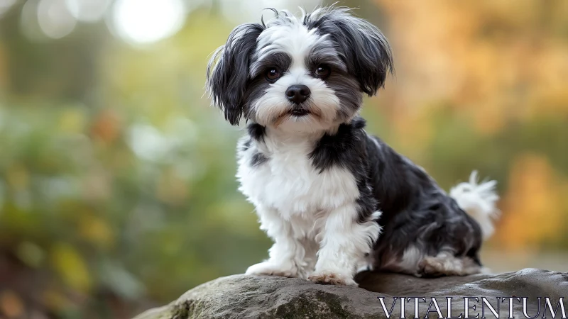 Small black and white dog with long coat posed on rock outdoors