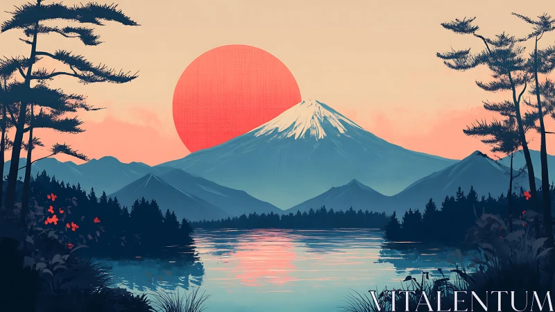 Crimson sun descends behind tranquil snow-capped mountain lake.