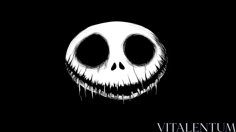 Grim monochrome skull face with wide dripping grin.