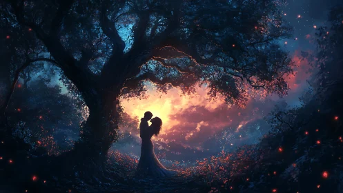 Silhouetted couple kissing under glowing trees at magical sunset