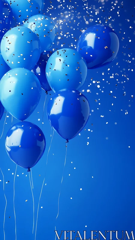Blue Balloons with Confetti Against Bright Blue Background.