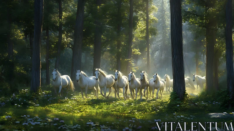 White horses running through sunlit forest clearing.