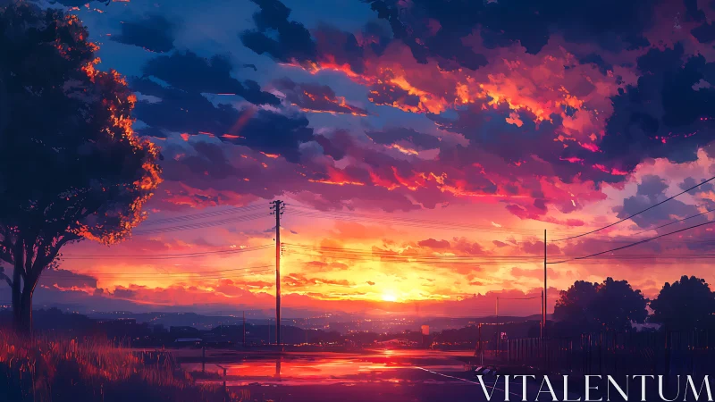 Spectral gradient sunset over rural roadway and power lines.