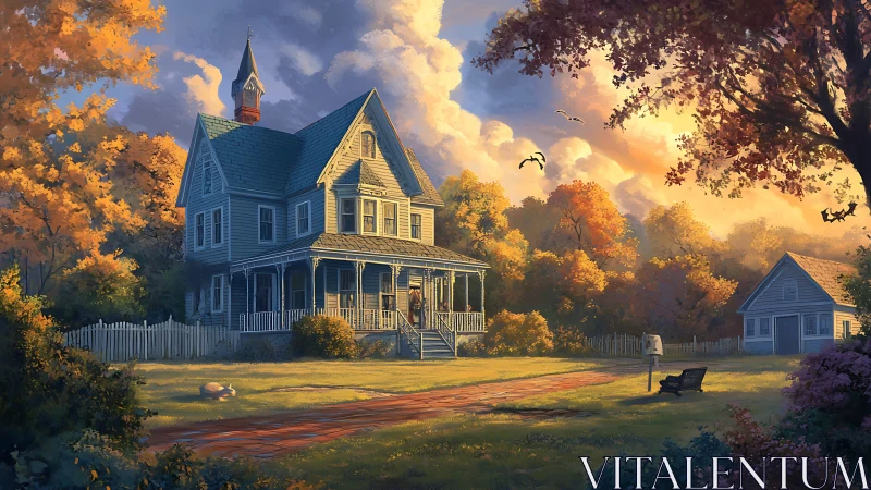 Golden hour autumn farmhouse glowing with cozy charm.