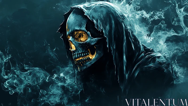 Gilded skull reaper in teal spectral smoke shroud.